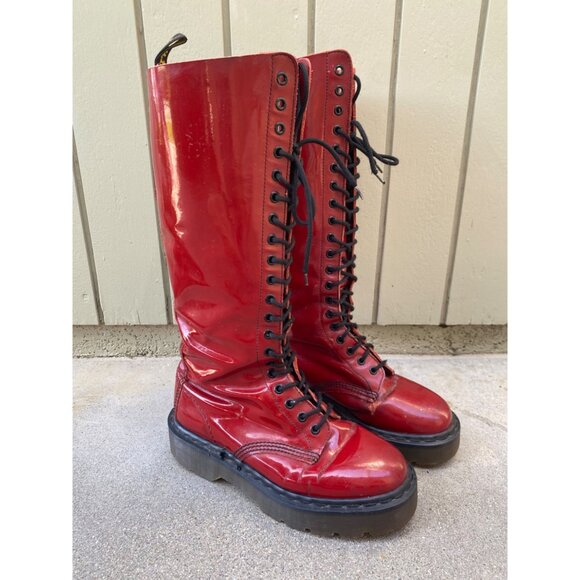 Vintage Dr. Martens {size UK 6} 20 Eye MIE Boots Shoes Patent Red Platform - Picture 1 of 13
